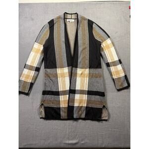 Kasper Long Open‎ Front Cardigan Cotton Blend Plaid Size Small Women's